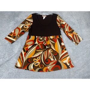 obe Tunic Top Womens Large Brown Multi Excellent Psychedelic Floral 3/4 Sleeve